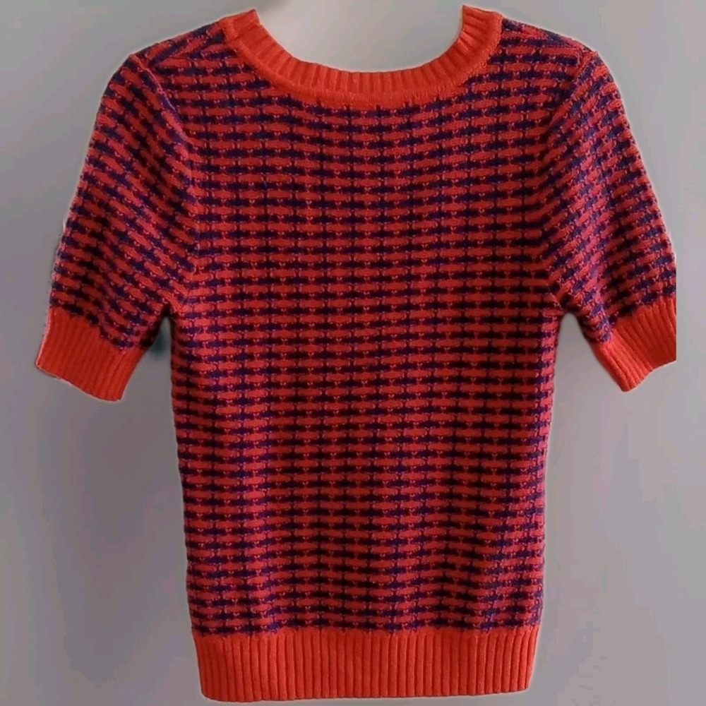 Emmelee Women Red Blue Geometric Pattern‎ Knit Shortsleeve Sweater Size M - Picture 3 of 6